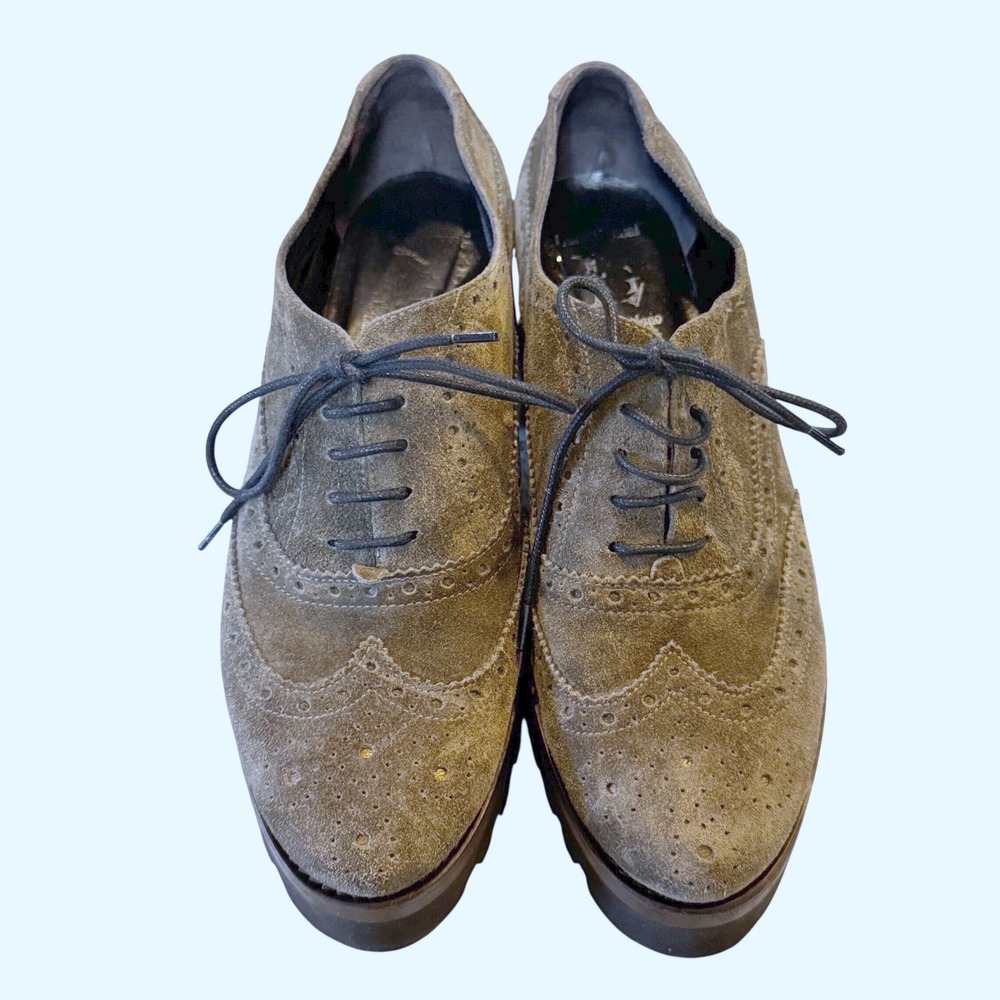 Luca Grossi Olive Green Suede Wingtip Platform Oxfords Made in Italy Size 38